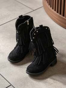 1 Pair Kids Vintage Western Style Cowboy Boots, Double Layer Fringe & Rivet Decor Mid-Calf Boots, Suitable For Holiday Outings, Party Looks, Autumn/Winter - Black - View 6
