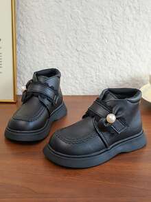 Girls' Autumn/Winter Princess Ankle Boots 2026 New Lace Bow Magic Tape Leather Boots Children's Soft Sole Versatile Boots - Black - View 1