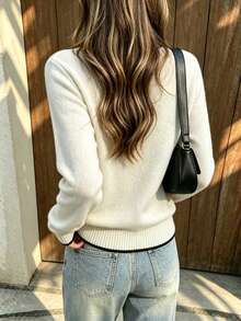 LOVE JOYY Spring/Autumn Minimalist Colorblock Black Trim Crew Neck Long Sleeve Knit Sweater Women, Beige Slim Fit All-Match Versatile Layering Sweater - White - View 4