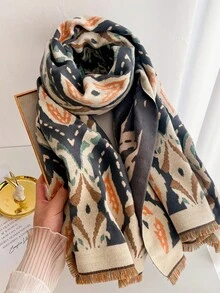 1pc Vintage Rhombus Ikat Pattern 65*180cm Shawl, Heavy Brushed Polyester Imitation Cashmere, Fall Winter Multi-Use Wrap For Trip Gathering - Multicolor - View 5