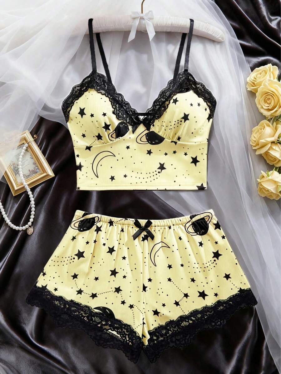 2pcs/Set Women's Star Pattern Pajama Set, V-Neck Lace Bow Striped Knit Halter Top And Shorts, Comfortable Soft Homewear Sleepwear Set - Yellow - View 1