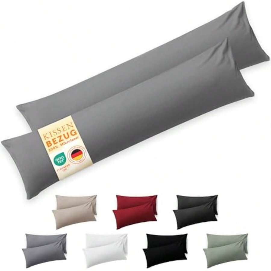 Housse Oreiller Dormeur Latéral 40x145 cm Lot de 2 – Microfibre Certifiée Oeko-TEX, Bord Replié, Extra Douce, Lavable en Machine - Gris - Voir 1