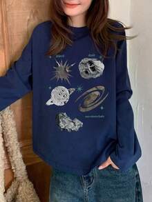 Women's Fashion Autumn/Winter Round Neck Loose Fit Versatile Letter & Starry Sky Print Long Sleeve T-Shirt - Navy Blue - View 4