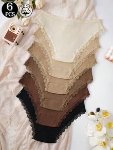 6pcs Women's Cotton Ribbed Briefs Lace Trim Low-Rise Panties With Bow Soft Comfortable Underwear - Multicolor - View 2