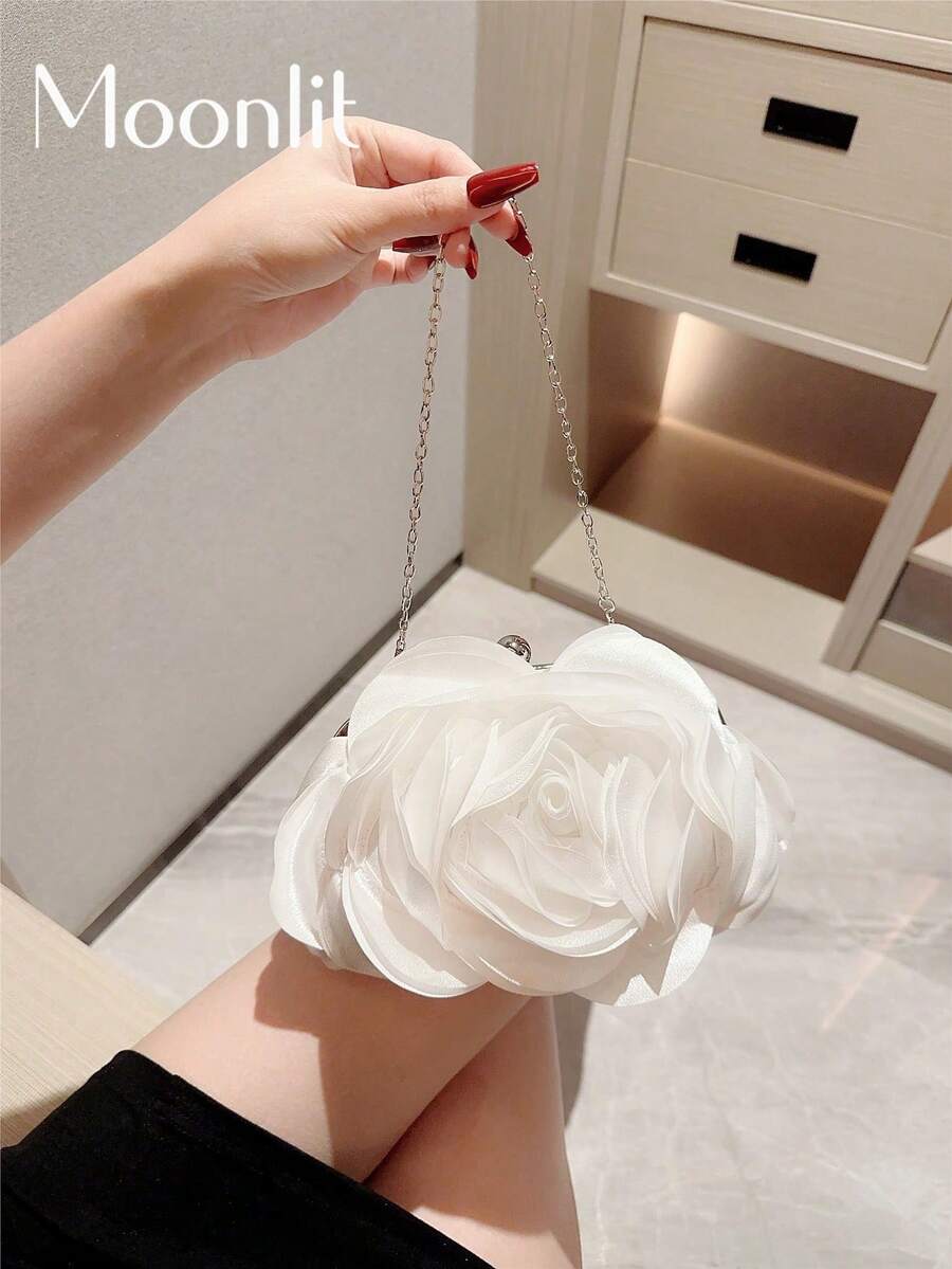 1 件优雅花瓣 3D 玫瑰花朵晚宴包，浪漫婚礼派对手拿包，白色正式派对包，奢华礼服配饰，适合约会、聚会情人节，必备婚礼物品，完美搭配毕业礼服、舞会礼服