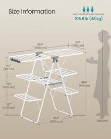 SONGMICS Clothes Drying Rack, Foldable 3-Level Laundry Rack, Free-Standing Large Drying Rack, With Height-Adjustable Wings, 39 Drying Rails, Sock Clips - White and Gray - View 3