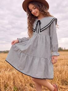 Tween Girls Tween Girl Autumn/Winter Transition Season Autumn Dress, Comfortable Loose Fit, Black & White Striped Color Block, Layered Ruffle Collar, Bowknot Rope Tie, Doll Style A-Line Ruffle, Cute Pastoral Vacation Casual Everyday - Multicolor - View 3