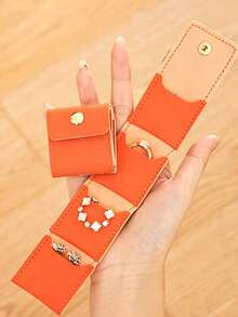 Portable Fold‑Able Jewelry Roll Pouch, Coin Purse & Jewellery Storage Roll For Women's Wallets, Mini Snap‑Button Jewelry Storage Bag With 4 Compartmen - Orange - View 3