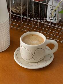 Set Cangkir dan Piring Kopi Keramik Motif Buah Pir Lukis Tangan, Mug Unik untuk Teh Sore di Rumah, Dilengkapi Sendok, Cangkir Susu dan Air, Cangkir Estetik - Putih - View 1