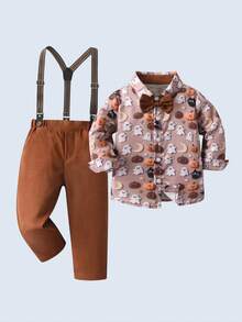 BOARNSEORL Young Boys Gentleman 2-Piece Suit Set, Pumpkin Cute Ghost Magic Hat Pattern Shirt With Bow Tie And Long Pants Suspenders, Fashionable Style For Birthday Party, Halloween Event, Formal Occasion - Khaki - View 3