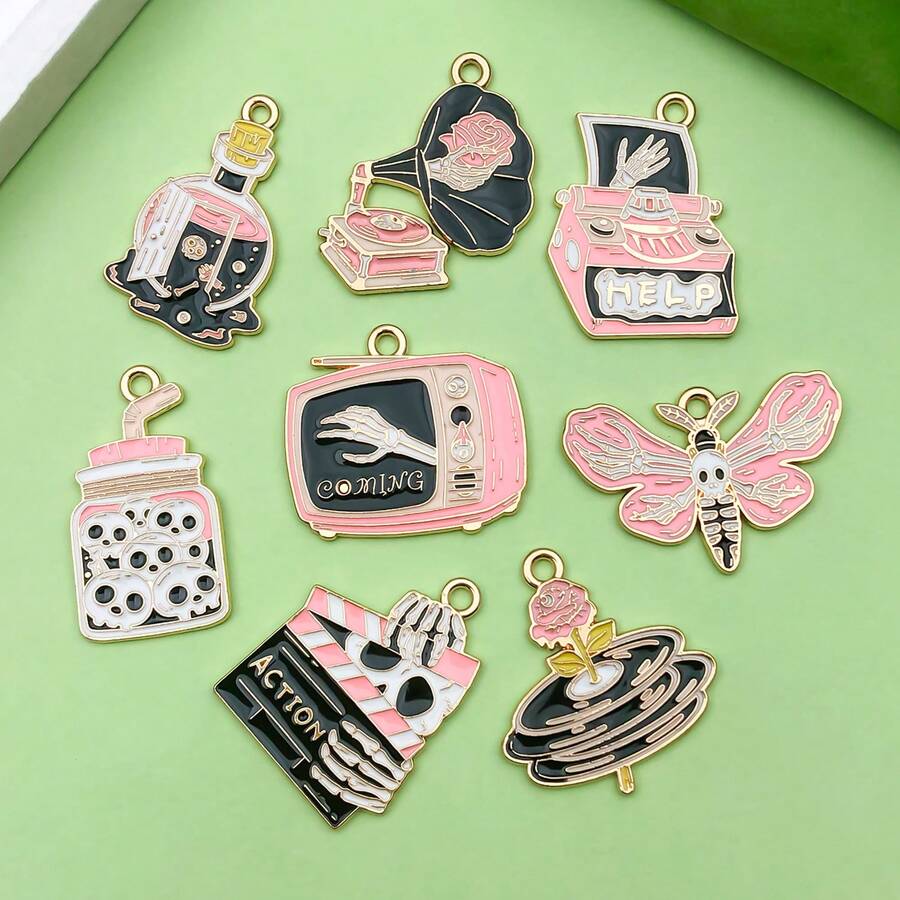 2/8pcs Pink Gothic Enamel Charms Alloy Skeleton Moth Record Player Pendant For DIY Halloween Bracelet Necklace Earring Jewelry Making Findings - Pink - View 1