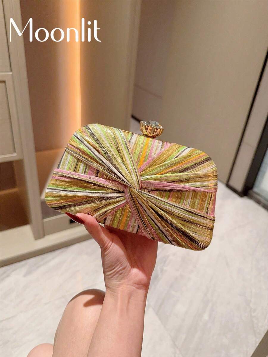 月光之夜包,夏季多色条纹斜挎包,时尚复古链条手拿包,迷你方形盒包,适合派对女孩、新娘、大学生、年轻职业人士,百搭派对、舞会、婚礼等场合,完美搭配派对配饰,图案随机发送 - 綠色 - 查看 1