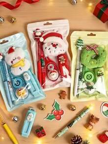 1 Set Christmas Themed Stationery Gift Set, Gel Pen Eraser Correction Tape Charm Pendant, School Office Reward Prizes For Children, Stocking Stuffer - Multicolor - View 2