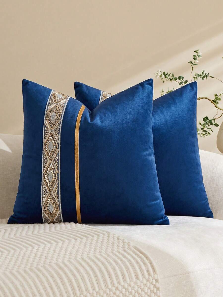 1pc/2pcs Velvet Gold Metallic Leather Sequins Embroidery Striped Throw Pillow Case (Pillow Insert Not Included), Square Cushion Cover, Holiday Home Decorative Pillow, Soft Comfortable Fabric, Modern Decor For Sofa, Bedroom, Dorm