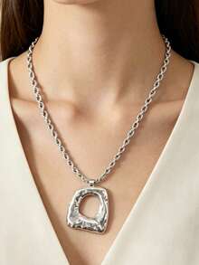 1pc Vintage European & American Style Thick Chain Necklace With Braided Rope, Asymmetrical Hollow Square Geometric Pendant, Luxury Long Collarbone Chain - necklace - View 5
