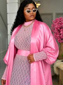 African Women's Plus Size Pink 2-Piece Satin Front-Open Long Kimono Jacket And Lace Maxi Dress Set, Fashionable Evening Party Formal Wear - Pink - View 3