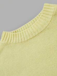 Women's Autumn Pale Yellow Crew Neck Knit Sweater, Dropped Shoulder, Folded Cuffs, Long Sleeve, Ribbed Hem, Oversized, Casual, Outdoor, Daily Top - Yellow - View 4