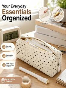 1pc Polka Dot Minimalist Pencil Case, Large Capacity Stationery Storage Bag, Zippered Pencil Box, Office School Desktop Makeup Small Item Organizer, Back To School Essential - A - View 4