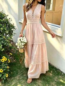 Gaun Maxi Chiffon Elegan untuk Pesta Musim Gugur, Leher V Seksi dengan Hiasan Renda, Cocok untuk Prom; Hiasan Renda Bersegmen dan Desain Ruffle Berlapis-lapis Warna Pink - Berwarna merah muda - View 3