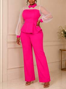 Women's Autumn 2 Pieces Set Top, Business Church Office Commute Outfit Elegant - Hot Pink - View 7