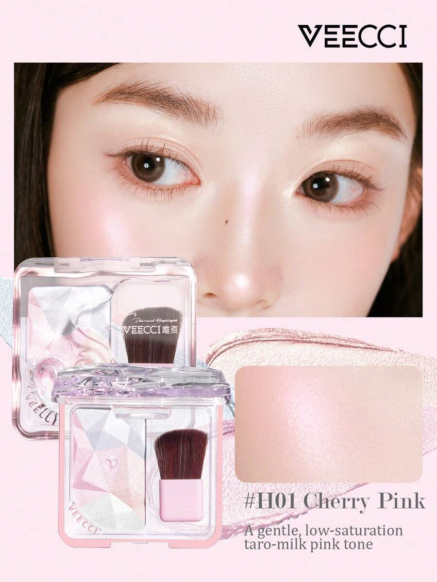 VEECCI Palet Highlighter Diamond, Halus & Berkilau, Efek Bercahaya Alami, Riasan Tahan Lama, Ciptakan Kontur 3D, Palet Multifungsi All-In-One, Cocok Untuk Pemula Makeup - #H01 Merah Muda Ceri - View 1