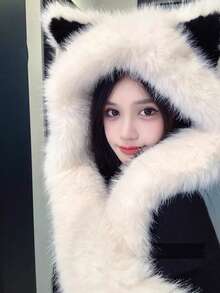 Women's Thick Fleece Scarf Hat With Fox Ears, Windproof Warm Neck Warmer, Face-Slimming Beanie For Autumn And Winter - A - View 3