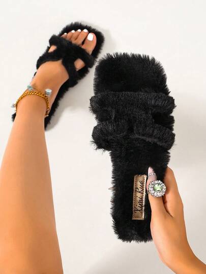 Ximi Ruo Women's Solid Color Flat Fuzzy Slippers, Casual Vacation Beach Home Indoor Outdoor Slippers, Autumn Winter Warm Plush Lining, Simple Fashion Slouchy Slip-On Shoes, Soft Lightweight Versatile Daily Commute Indoor Outdoor Wear, Comfortable Flat Casual Travel Outfit Shoes, Fleece Lined Dual-Use Slippers