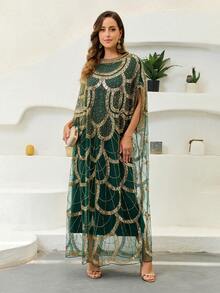 JINLICX Elegant Plus Size Arabian Dress With Contrast Sequin Batwing Sleeves Long Scoop Neck Formal Attire - Dark Green - View 5
