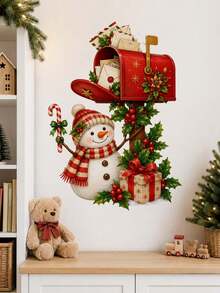 1pc Christmas Snowman & Mailbox Wall Sticker, Cute Snowman With Letters Holly & Gift Box Wall Decal, Self-Adhesive Removable Waterproof PVC Peel And Stick Wall Decor For Living Room Bedroom Entryway, Holiday Home Decoration - Christmas Snowman Mailbox Theme - View 13
