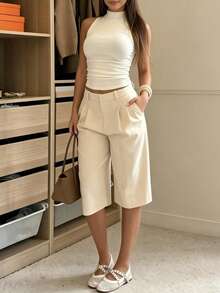 Solid Color Suit Fabric Pleated Decor Casual Mid-Length Pants - Apricot - View 1