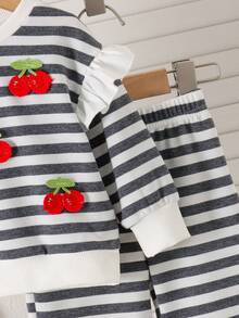 2pcs Baby Girl Cute Casual 3D Cherry Striped Long Sleeve Sweatshirt & Wide Leg Pants Set, Thin Spring/Autumn - Grey - View 4