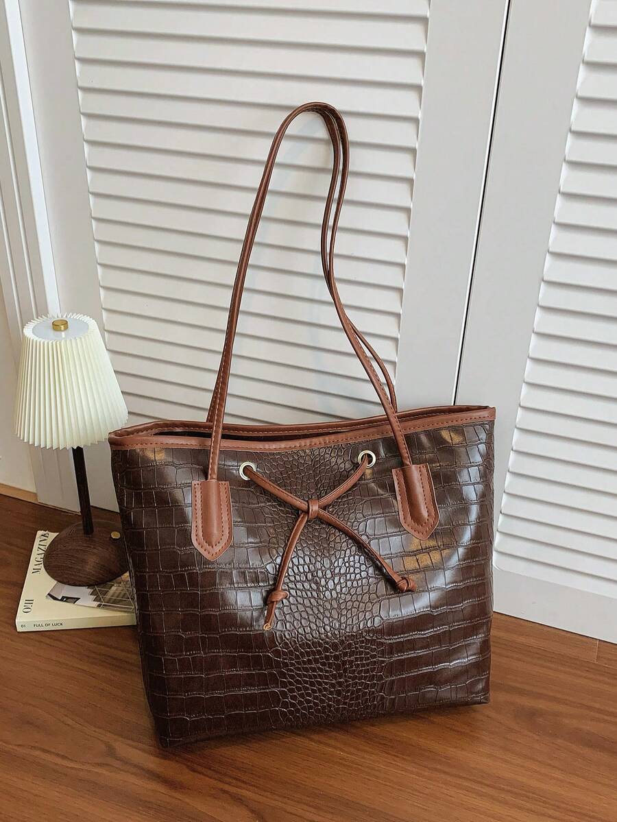2件組女款素色刺繡時尚大容量單肩托特包,休閒斜挎包,優雅翻蓋包附大口袋,可收納平板電腦、錢包、手機、零錢包、化妝品、化妝包,適合辦公、通勤、購物、旅行、攝影,送給女友、媽媽、女兒的絕佳節日禮物 - 棕色 - 查看 1