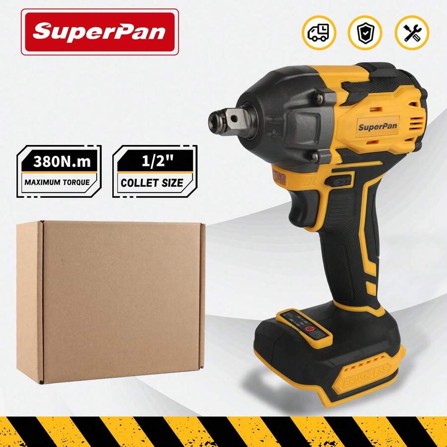 SuperPan Rechargeable Electric Tool Brushless Impact Wrench 20V 3-Speed Forward + 2-Speed Reverse Suitable For M6-M16 Bolts Industrial Grade Home Multifunctional Electric Wrench Car Repair / Woodworking / Scaffolding / Installation All-In-One Machine (Bare Tool - Battery Not Included) - Yellow - View 1
