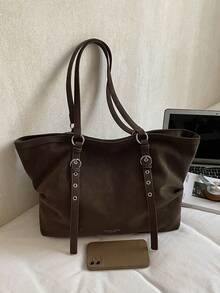 Solid Color Adjustable Shoulder Strap Shoulder Tote Bag Zipper Closure Minimalist Style Large Capacity Body Storage Water Bottle Books Umbrella Suitable For Daily Work School Commute Short Trips Shopping - Coffee - View 4