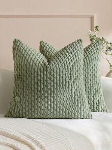 1pc/2pcs Tail Mouse Green Bohemian Striped Throw Pillow Cover (Insert Not Included), Soft Plush Corduroy Solid Color Decorative Square Pillow Case, Suitable For Holiday, Sofa, Bedroom, Bed, All Seasons Use. - Mint Green - View 8