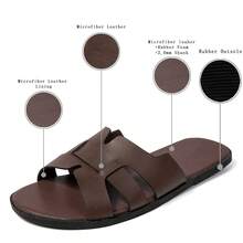 Men's Microfiber Leather Flat Slides Summer Non-Slip Rubber Sole Breathable Beach Sandals - Brown - View 3