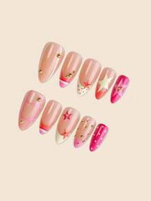 24pcs Y2K French Edge Press-On Fake Nails, Medium Almond Shape, Acrylic Star Rhinestone Design, Fashion Glossy Full Coverage Wearable Nails For Women And Girls, Party And Daily Wear - Multicolor - View 3