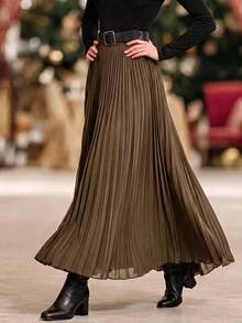 Elegant Women's Solid Color Pleated Long Skirt, Asymmetrical A-Line Design, Versatile For All Seasons, Suitable For Weddings, Office Commute, Evening Parties, Showcases Elegant Elegant And Flattering Silhouette - Coffee Brown - View 6