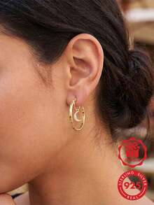 1 Pair Original 925 Sterling Silver Hoop Earrings For Women Hollow Star And Moon Earrings Cubic Zirconia Inlay Elegance Fine Jewelry Gifts - Gold - View 1