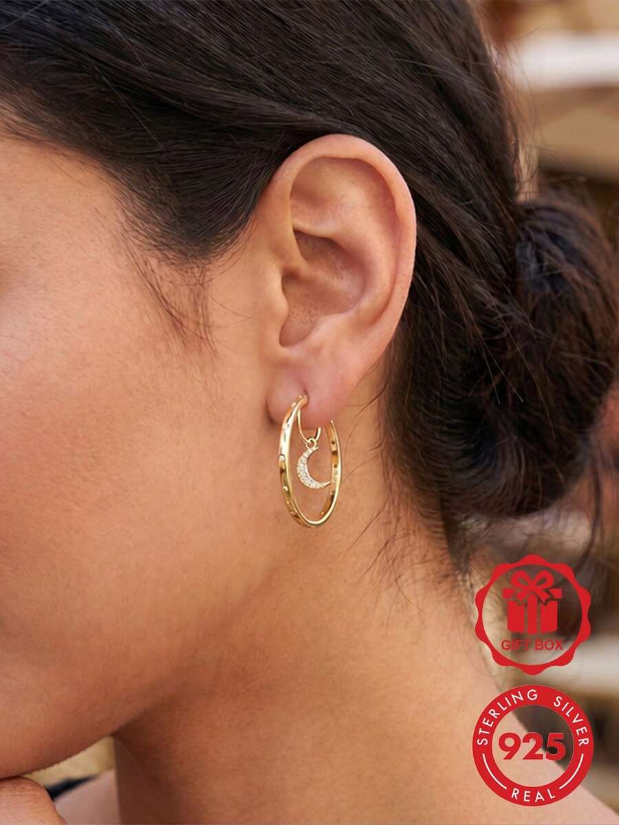 1 Pair Original 925 Sterling Silver Hoop Earrings For Women Hollow Star And Moon Earrings Cubic Zirconia Inlay Elegance Fine Jewelry Gifts - Gold - View 1