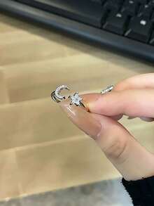 1pc Minimalist Fashion Luxury Exquisite Star & Moon Open Ring, Suitable For Women's Daily, Holiday, Commute Wear - Silver - View 5