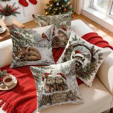 4pcs Winter Forest Animal Christmas Pillow Covers, Snow Rabbit Fox Raccoon Squirrel Print Pattern, Single-Sided Print Pillow Covers/Cushion Covers, Multi-Scene Atmosphere Decoration Pillow Covers Suitable For Living Room Sofa Bedroom, Pillow Insert Not Included - Multicolor - View 7