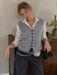 Wixra Women's V‑Neck Button Front Sleeveless Knit Vest Cardigan, Fuzzy Loose Fit Knit Waistcoat - Grey - View 6