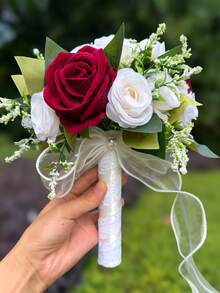White Pearl Tulip Bridal Bouquet(8.66inch)With Pearl Decoration, Lace Bow Artificial Flower For Wedding Party Prom Gift - Multicolor - View 25