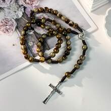 手工深棕色 59 顆珠天主教玫瑰念珠項鍊附十字架吊墜，女士祈禱念珠項鍊，靈性禮物 - 棕色 - 查看 2