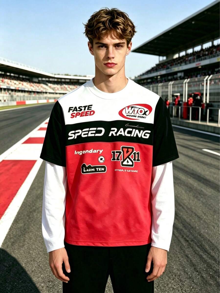 Men's Racing Print Colorblock Reproduction Two Pieces Long Sleeve T-Shirt, Casual Streetwear Crewneck T-Shirt - Multicolor - View 1