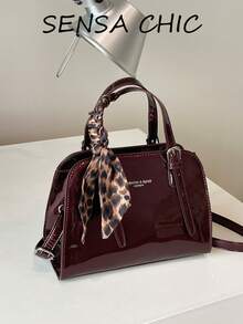Ins Vintage Maillard Style Glossy Patent Leather Shell Mini Bag, Solid Color Structured Bag With Leopard Print Twisted Scarf, Metal Adjustable Buckle, Minimalist Elegant Girl's Handbag And Crossbody Bag - Burgundy - View 4