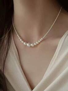 1pc Elegant Style Large & Small Pearl Necklace Accessory For Women, Niche Summer Versatile High-End Collarbone Chain For Daily Wear - Multicolor - View 7