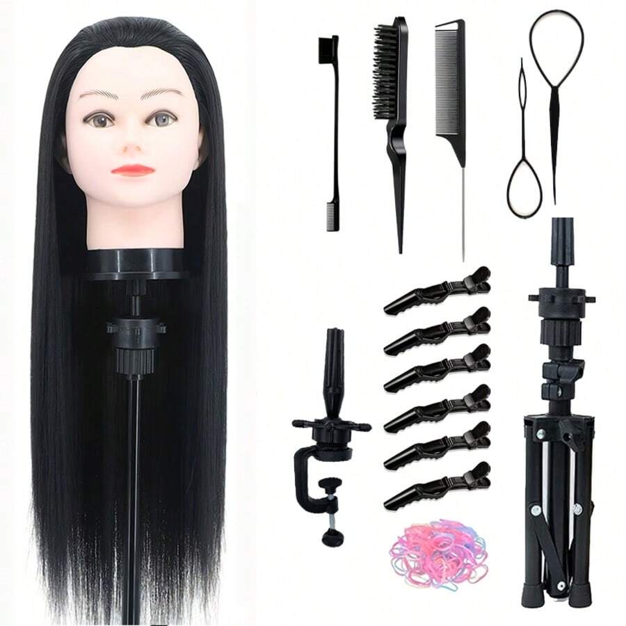 Black Synthetic Hair Mannequin Head Set - Professional Hairdressing Training Model, With Sturdy Tripod Stand, Hair Clips And Styling Tools, Halloween