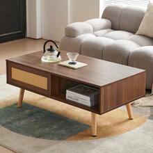 Wicker Coffee Table, Tea Table With Sliding Doors, Solid Wood Legs, Modern Living Room Table, Dark Walnut Wood-H40/W1050/D55 Cm - 棕色 - 查看 3